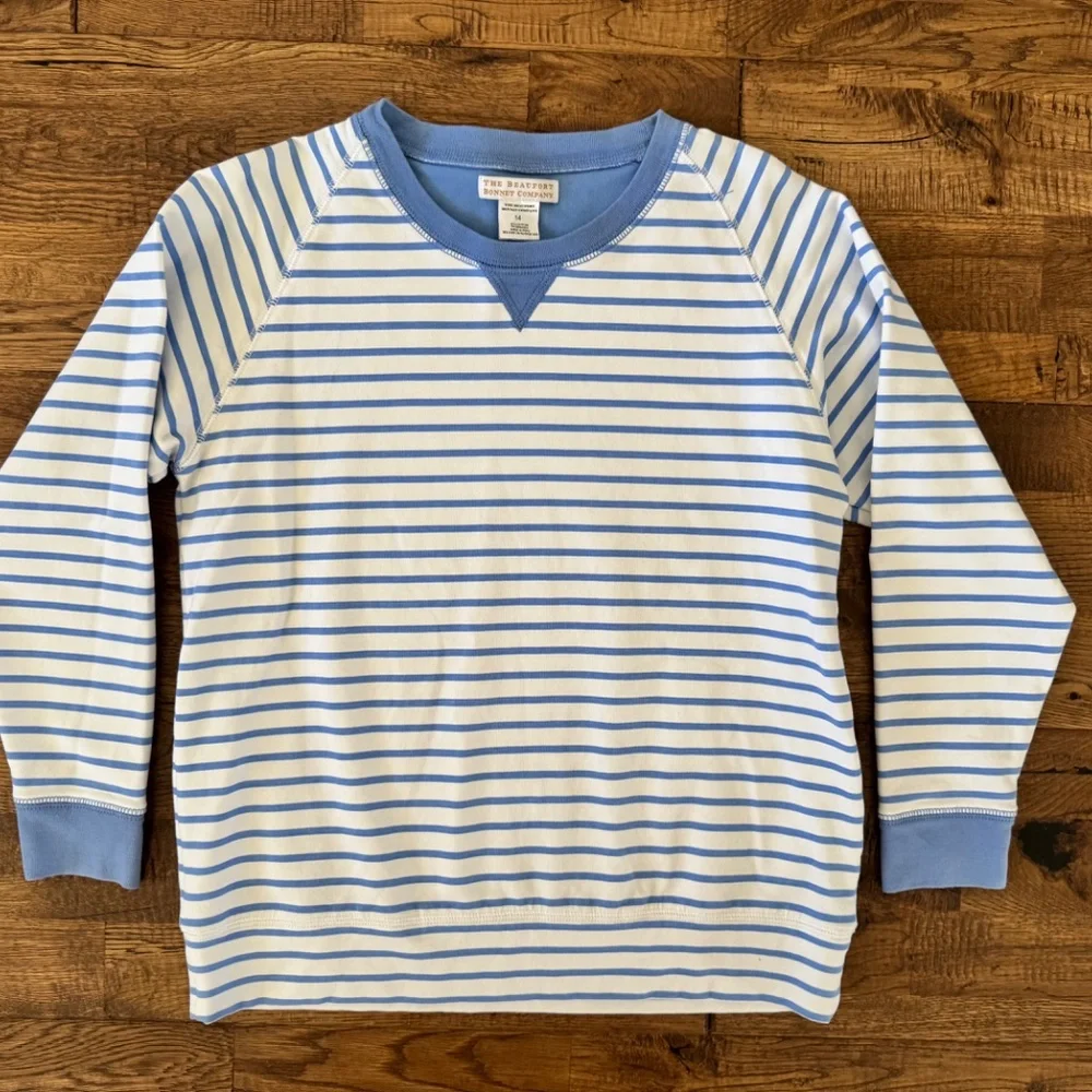 The‎ Beaufort Bonnet Company Cassidy Comfy Crewneck Blue Striped Kids Size 14 E